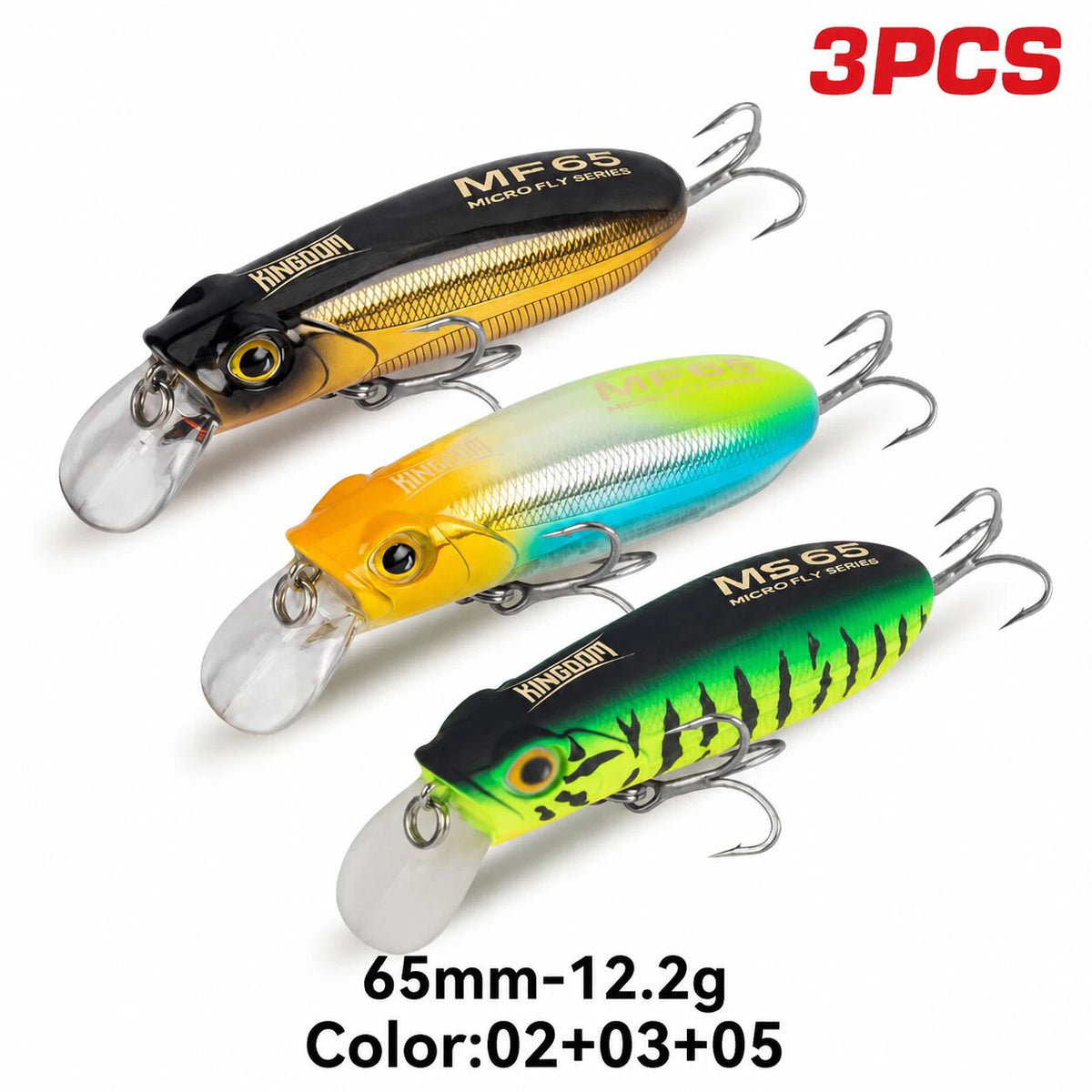 KINGDOM 3PCS Micro-Fish Scales Series Crankbait Lures, Mini Fishing Lure 55mm/65mm Lightweight Hard Bait with Realistic Scale Pattern, Floating Slow Sinking Minnow Baits for Bass Trout Freshwater Fishing