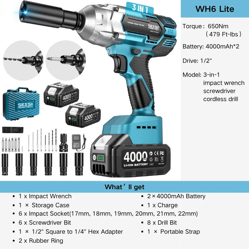 Seesii WH650 Pro 3-in-1 Impact Wrench & Screwdriver & Cordless Drill 1/2" High Torque 590 Ft-Lbs (800 N.M) Brushless Impact Gun 4.0 Battery 4 Sockets 4 Drill Bits High Torque Power Impact Driver for Car Home