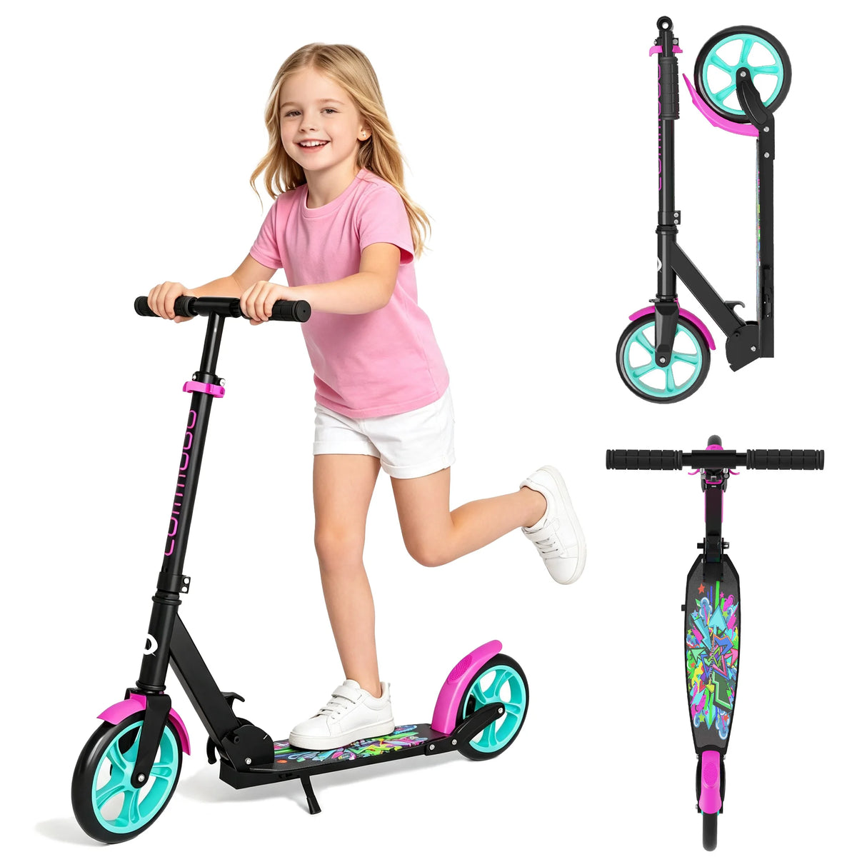 Commugo T1 Kick Scooter for Ages 6+,Kids, Teens & Adults. 4 Adjustable Levels, Foldable, Lightweight, Anti-Shock Suspension, Max Load 240 LBS