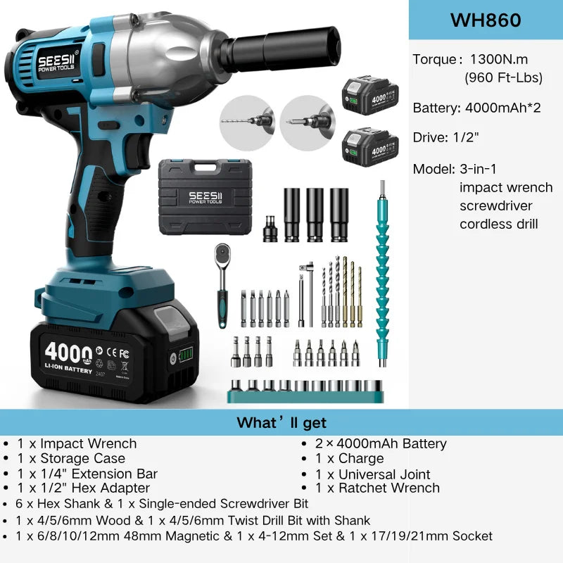 Seesii WH650 Pro 3-in-1 Impact Wrench & Screwdriver & Cordless Drill 1/2" High Torque 590 Ft-Lbs (800 N.M) Brushless Impact Gun 4.0 Battery 4 Sockets 4 Drill Bits High Torque Power Impact Driver for Car Home