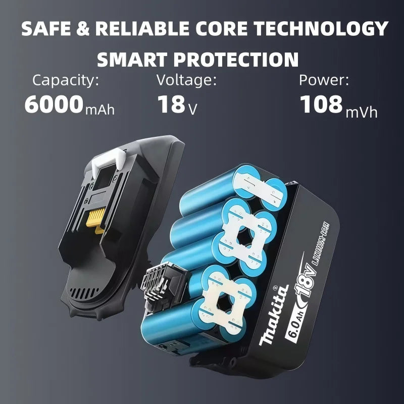100% Original Makita Battery, 18V 6.0Ah Rechargeable Battery, Replacing Makita BL1830B L1840B L1850B L1860B, Power Tool Battery
