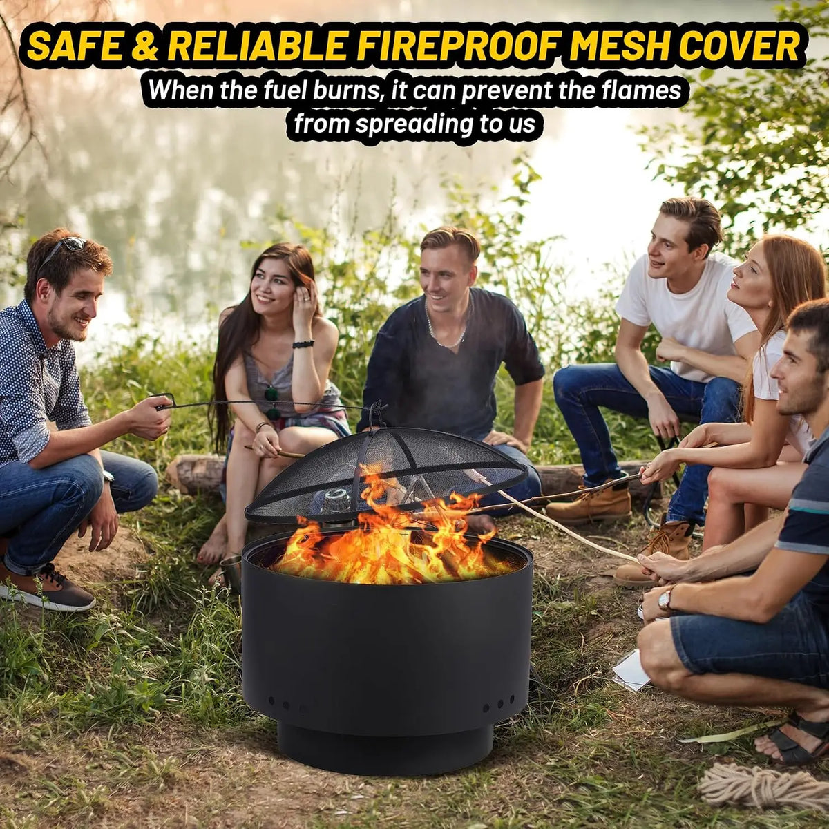 Tacleekii 26 inch Outdoor Fire Pit with Fire Cover Smokeless Wood Burning Fire Pits for Outside BBQ Garden Yard Camping
