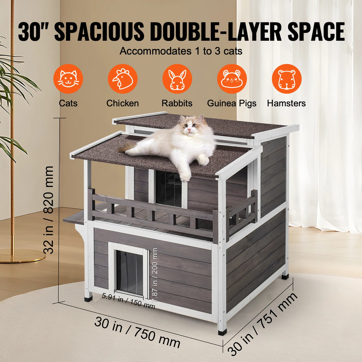 VEVOR Outdoor Cat House Weatherproof Feral Cat Shelter 2-story Large Outdoor Wooden Cat House with Balcony Door and Open Roof