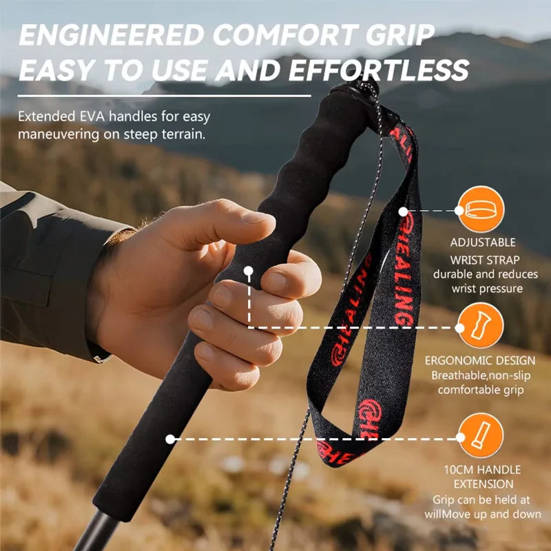 OKHEALING 110g Ultra-Light 5-Section Foldable Carbon Fiber Trekking Poles Portable Outdoor Hiking Walking Sticks