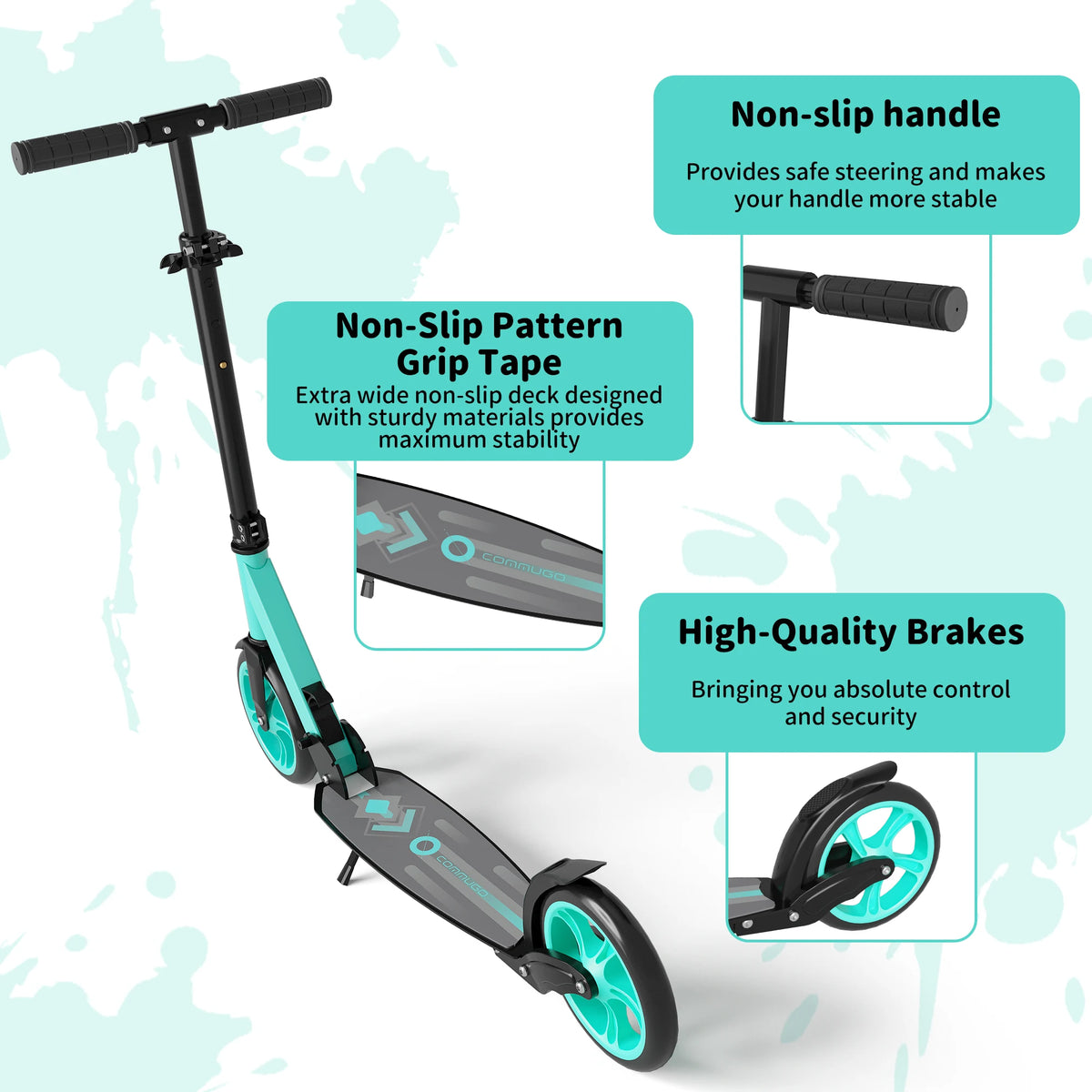 Commugo T1 Kick Scooter for Ages 6+,Kids, Teens & Adults. 4 Adjustable Levels, Foldable, Lightweight, Anti-Shock Suspension, Max Load 240 LBS