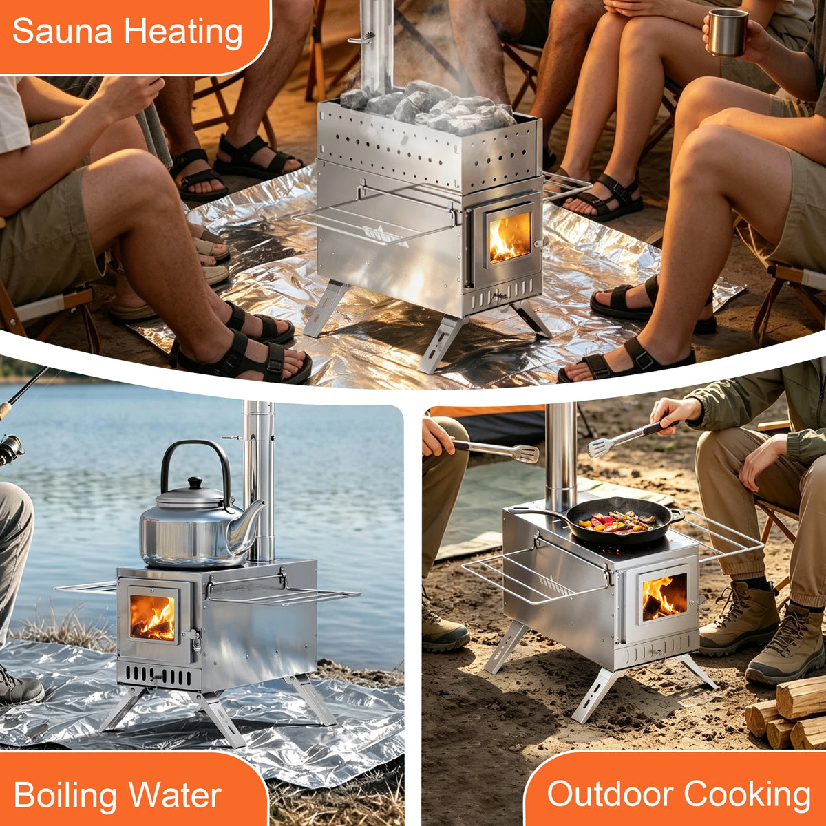 Unho 40cm Hot Tent Stove, Portable Stainless Steel Wood Burning Stove with 6 Chimney Pipes & Glass Window for Ice Fishing