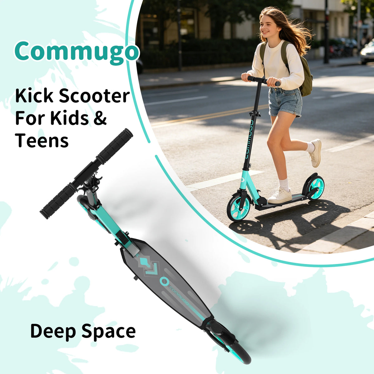 Commugo T1 Kick Scooter for Ages 6+,Kids, Teens & Adults. 4 Adjustable Levels, Foldable, Lightweight, Anti-Shock Suspension, Max Load 240 LBS