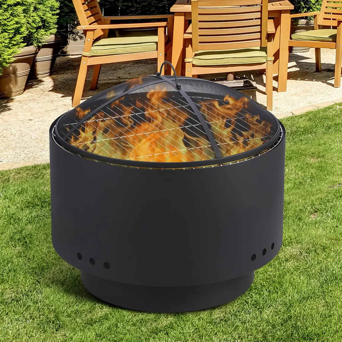 Tacleekii 26 inch Outdoor Fire Pit with Fire Cover Smokeless Wood Burning Fire Pits for Outside BBQ Garden Yard Camping