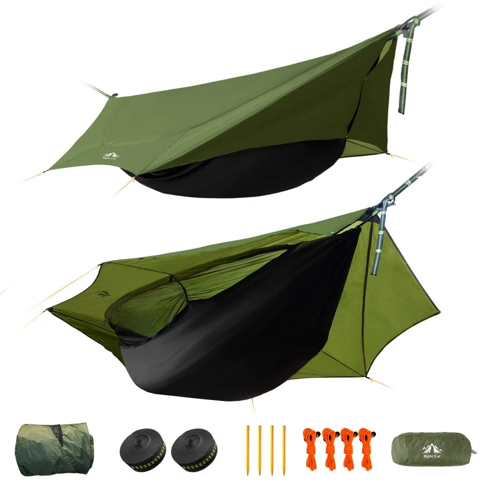 Night Cat Camping Hammock Tent For 1 Person: Lightweight Portable 4 in 1 Hammock with Rain Tarp and Mosquito Net for Adults Hiking Jungle Outdoor
