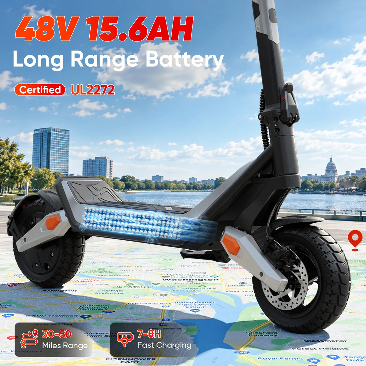 Spacewalk 1600W Peak Electric Scooter for Adults, 48V 15.6Ah Battery 28MPH 30-50 Miles Range, 10" Tires, NFC Unlock & Smart APP, Dual Brakes & Shock Absorption, IP54 Waterproof Foldable Commuting E Scooter 330LBS.