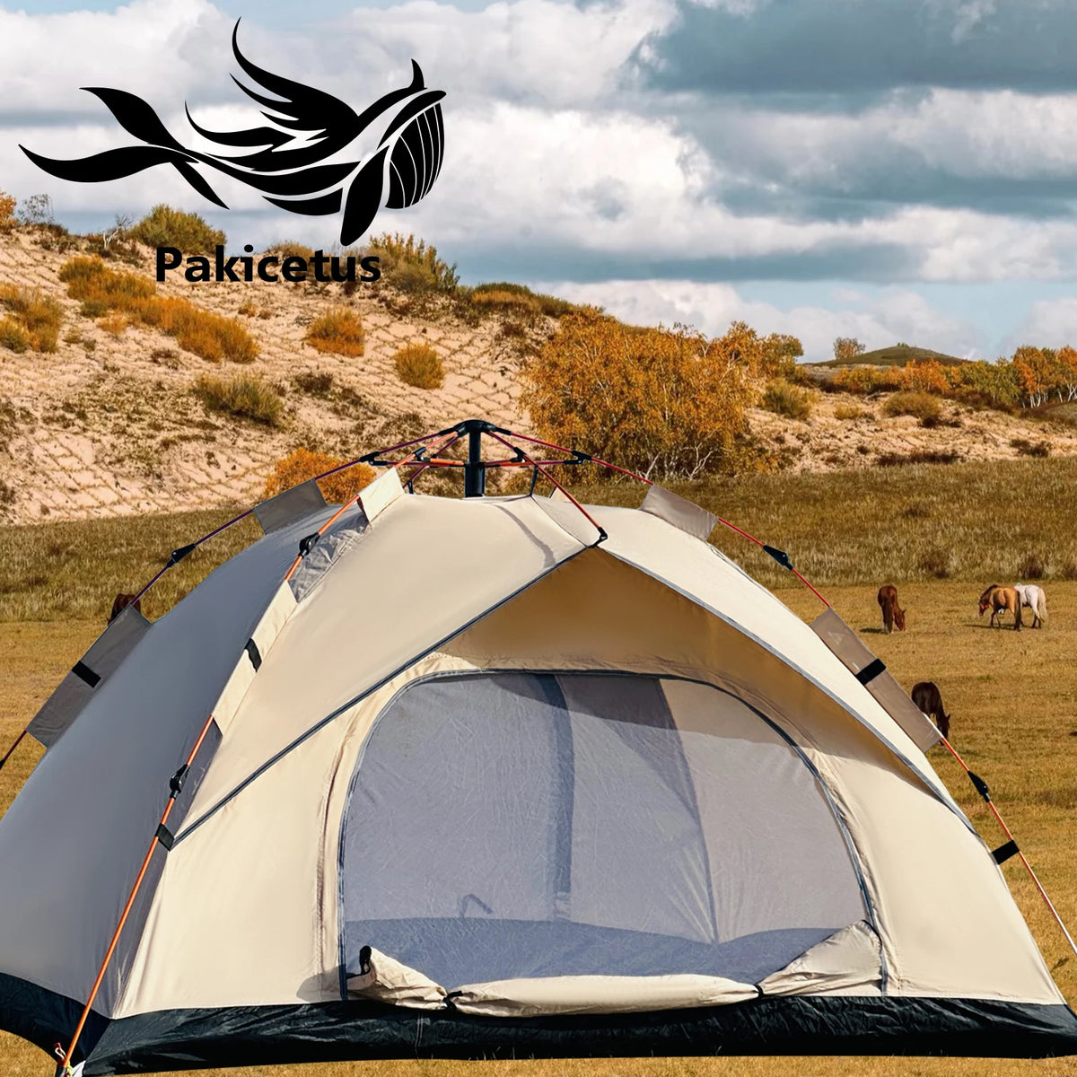 PAKICETUS Instant Pop Up Dome Tent 2-4 Person Easy Setup Polyester Fiber Portable Outdoor Tent Misty Gray Quicksand Gold For Camping Hiking Road Trips Backyard Picnic