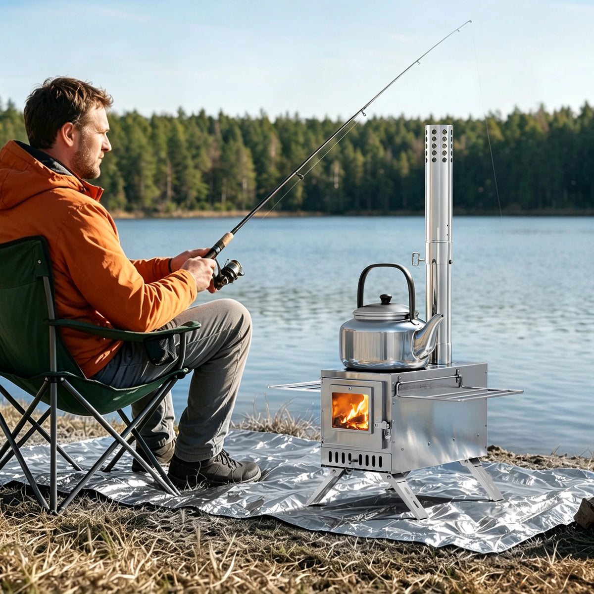 Unho 40cm Hot Tent Stove, Portable Stainless Steel Wood Burning Stove with 6 Chimney Pipes & Glass Window for Ice Fishing