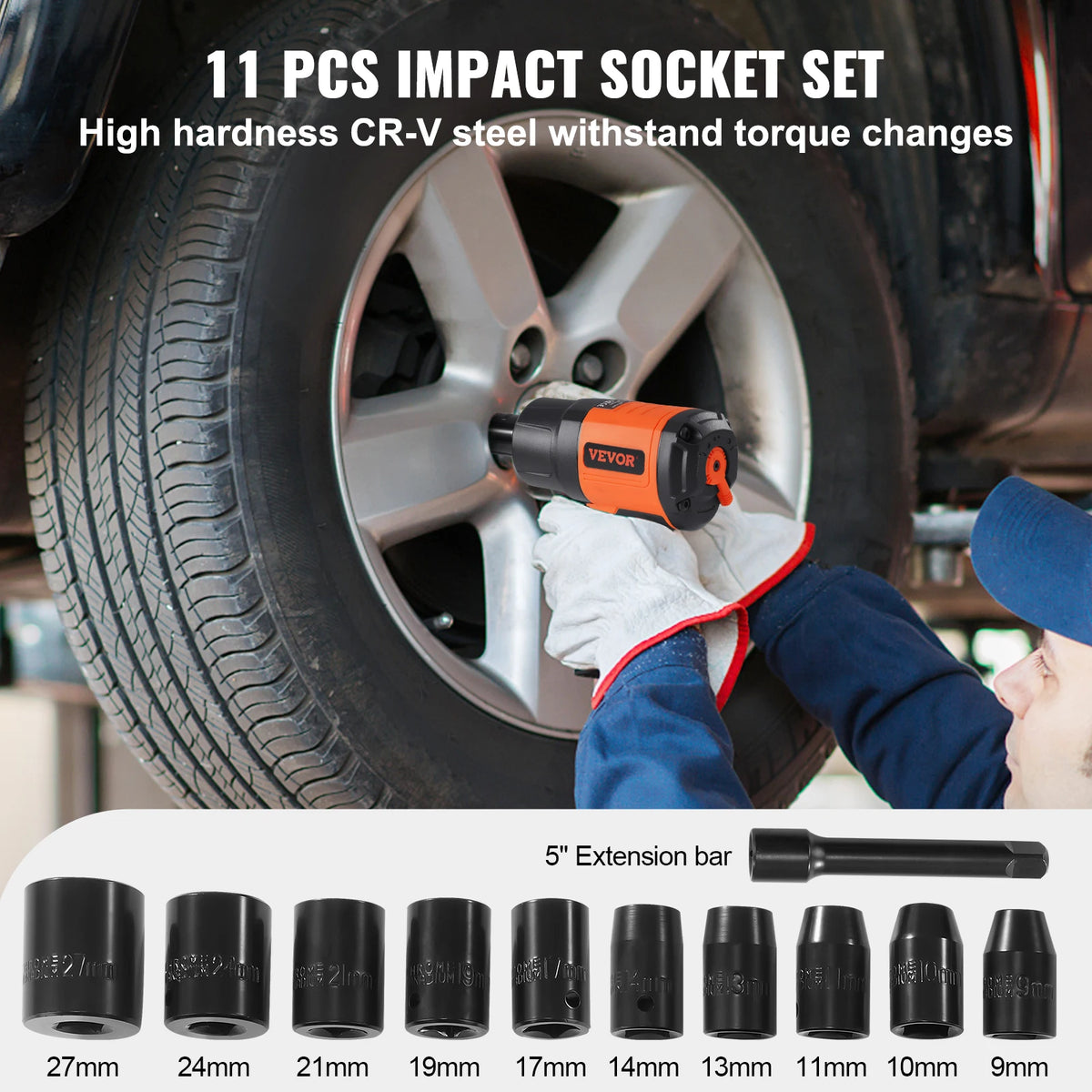 SucceBuy Lightweight 4.6 lb Design Pneumatic Impact Gun with 11-PCS 1/2-Inch Drive CR-V Steel Impact Socket Set & Carrying Case
