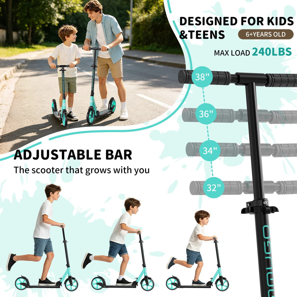 Commugo T1 Kick Scooter for Ages 6+,Kids, Teens & Adults. 4 Adjustable Levels, Foldable, Lightweight, Anti-Shock Suspension, Max Load 240 LBS