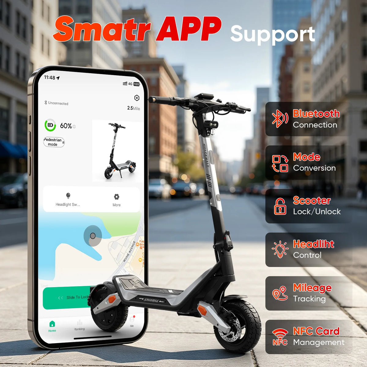 Spacewalk 1600W Peak Electric Scooter for Adults, 48V 15.6Ah Battery 28MPH 30-50 Miles Range, 10" Tires, NFC Unlock & Smart APP, Dual Brakes & Shock Absorption, IP54 Waterproof Foldable Commuting E Scooter 330LBS.
