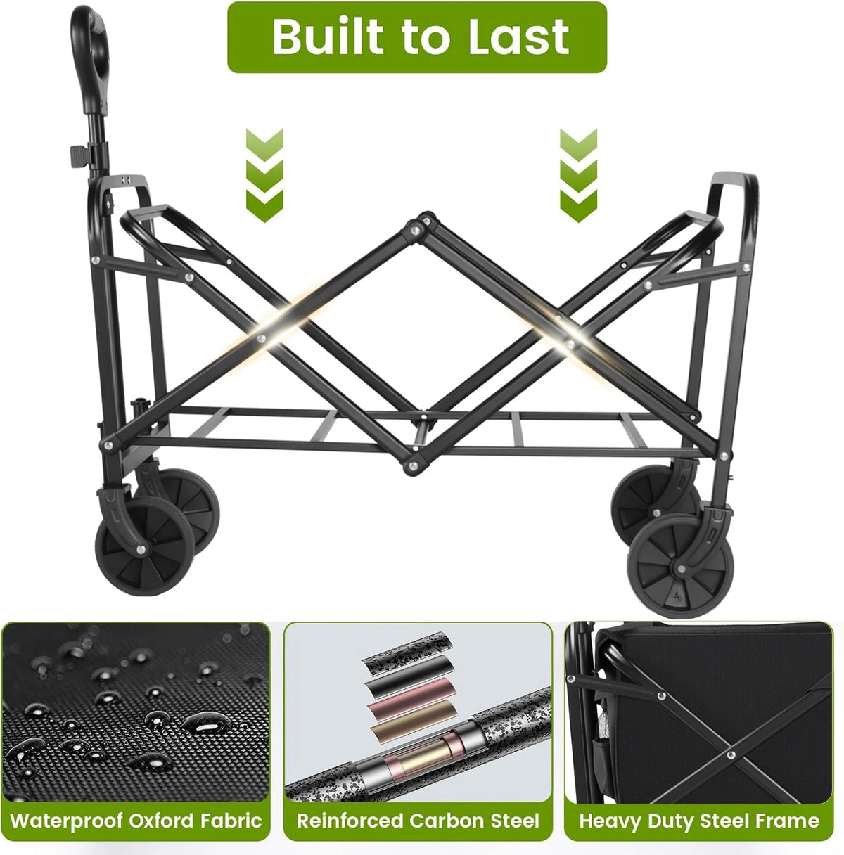 Heavy Duty Wagon Carts Foldable, Portable Wagons for Groceries, Beach Cart with All-Terrain Wheels Drink Holders, Utility Wagon