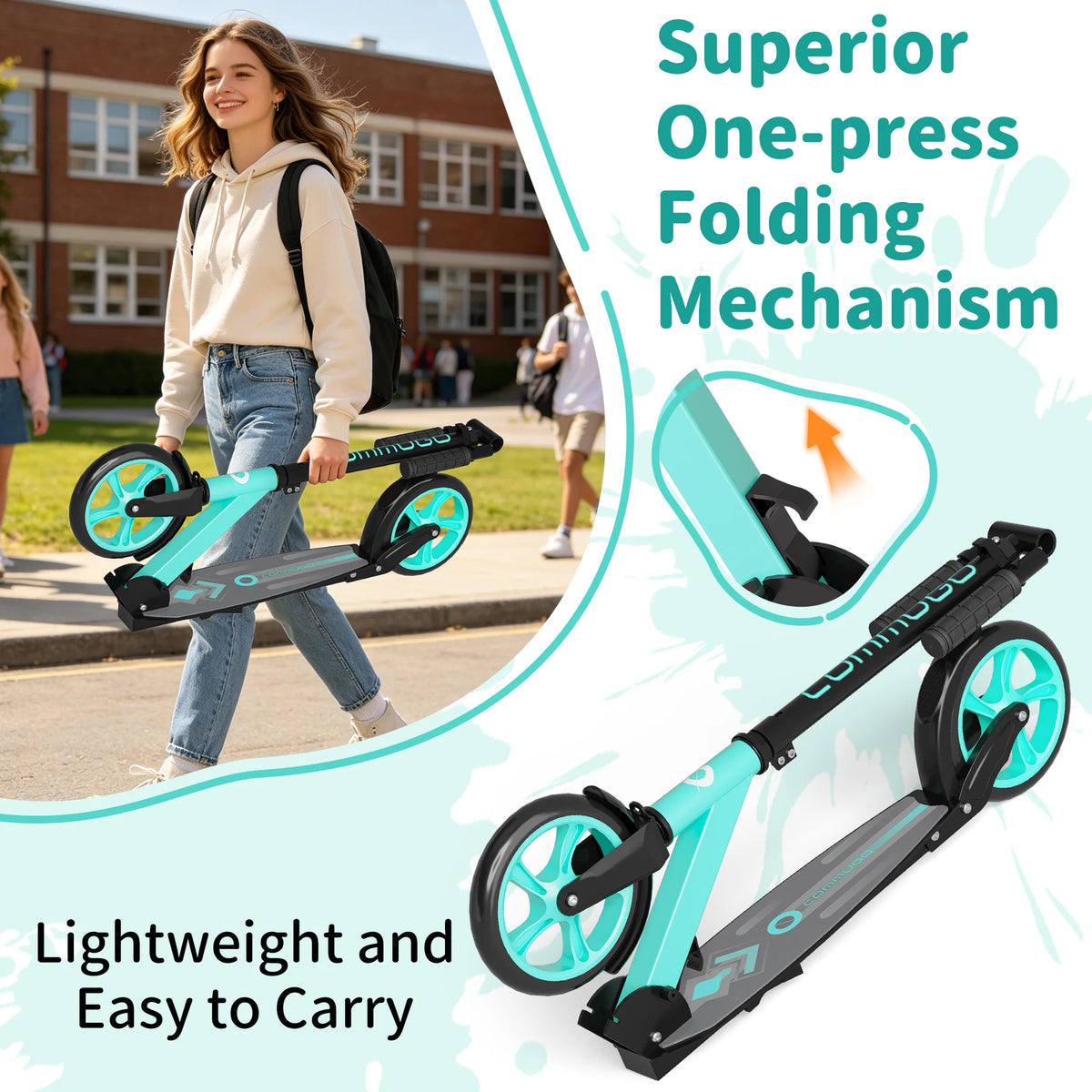 Commugo T1 Kick Scooter for Ages 6+,Kids, Teens & Adults. 4 Adjustable Levels, Foldable, Lightweight, Anti-Shock Suspension, Max Load 240 LBS