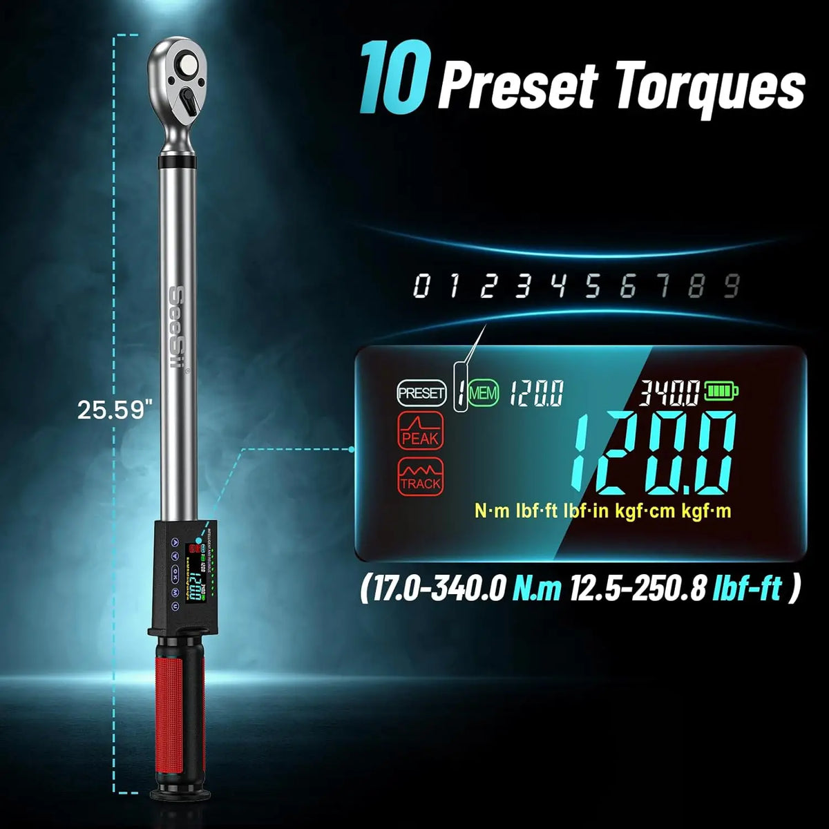 SEESII Digital Torque Wrench 1/2" Drive 12.5-250.8ft-lbs/17-340N.m Buzzer 2% Torque Accuracy Electric Torque Wrench with 3 Adjustable Modes for Car Care