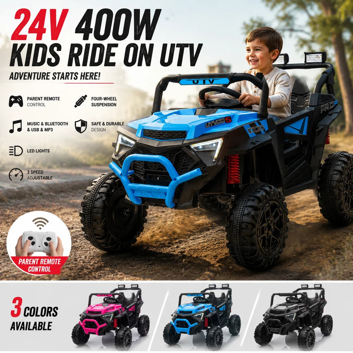 24V 400W Kids Ride On UTV 2-Seater Electric Car with Parent Remote Control 4-Wheel Suspension Bluetooth Music LED Power Display