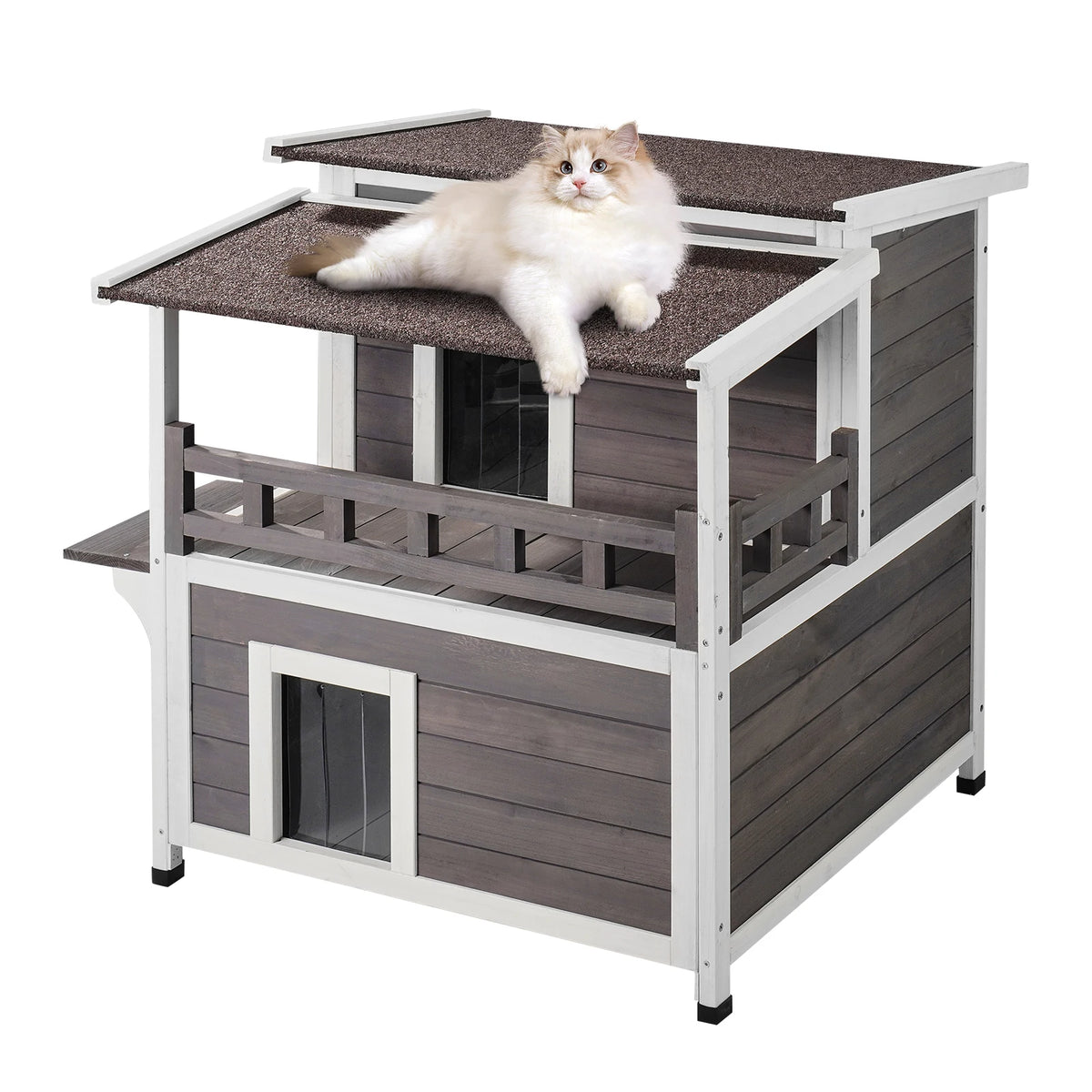 VEVOR Outdoor Cat House Weatherproof Feral Cat Shelter 2-story Large Outdoor Wooden Cat House with Balcony Door and Open Roof