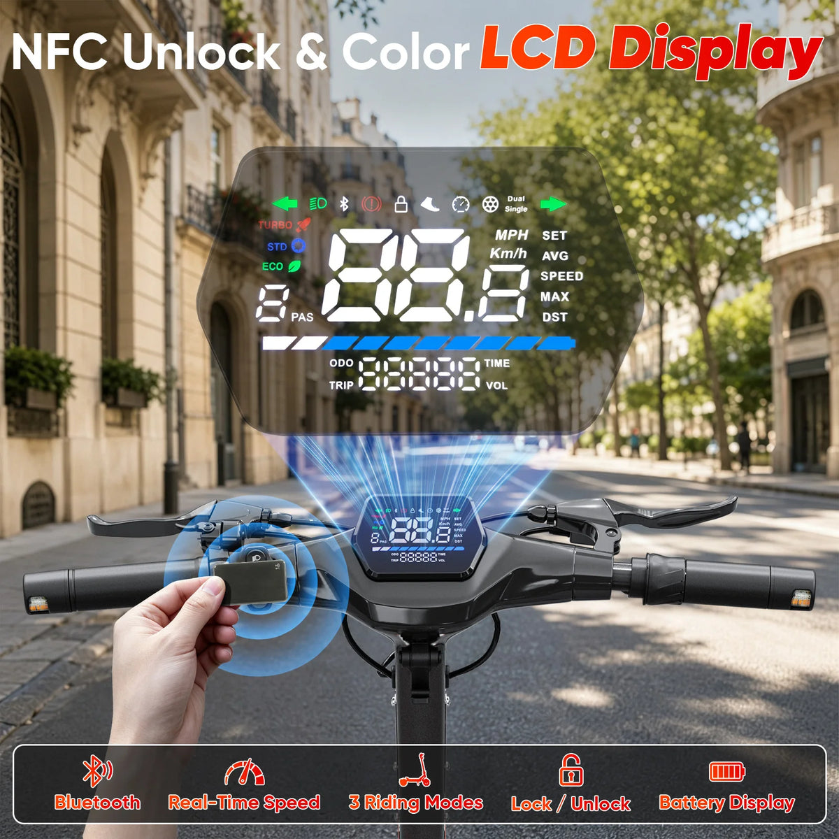 Spacewalk 1600W Peak Electric Scooter for Adults, 48V 15.6Ah Battery 28MPH 30-50 Miles Range, 10" Tires, NFC Unlock & Smart APP, Dual Brakes & Shock Absorption, IP54 Waterproof Foldable Commuting E Scooter 330LBS.