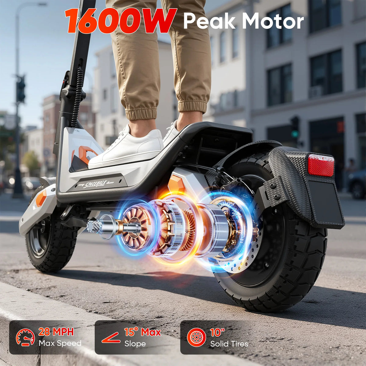 Spacewalk 1600W Peak Electric Scooter for Adults, 48V 15.6Ah Battery 28MPH 30-50 Miles Range, 10" Tires, NFC Unlock & Smart APP, Dual Brakes & Shock Absorption, IP54 Waterproof Foldable Commuting E Scooter 330LBS.
