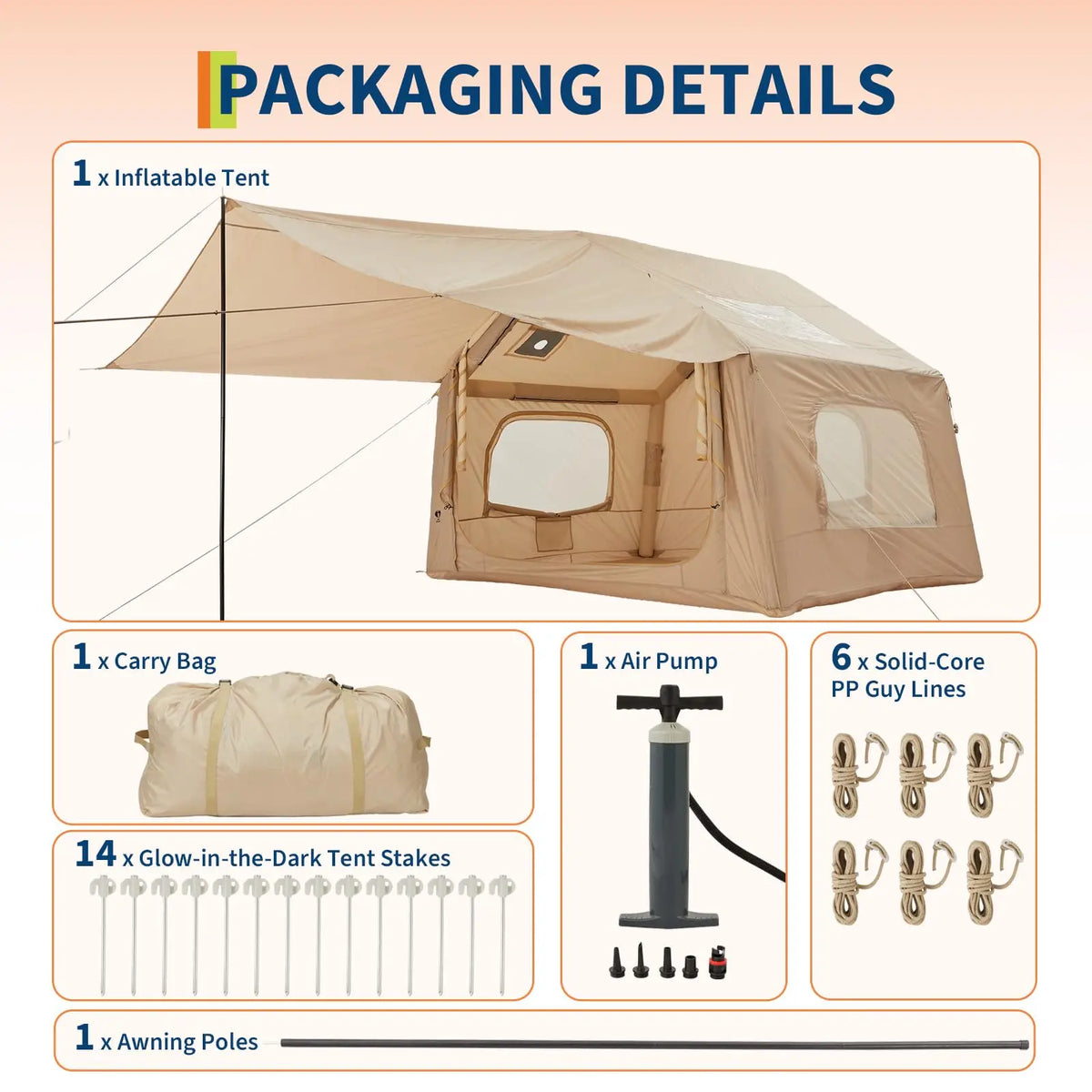Spacious Inflatable Camping Tent for 6 People - Quick Setup with Skylight and Canopy - Durable Outdoor Shelter - Large 8 Square Size