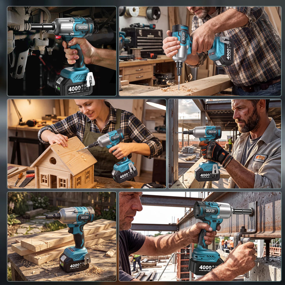 Seesii WH650 Pro 3-in-1 Impact Wrench & Screwdriver & Cordless Drill 1/2" High Torque 590 Ft-Lbs (800 N.M) Brushless Impact Gun 4.0 Battery 4 Sockets 4 Drill Bits High Torque Power Impact Driver for Car Home