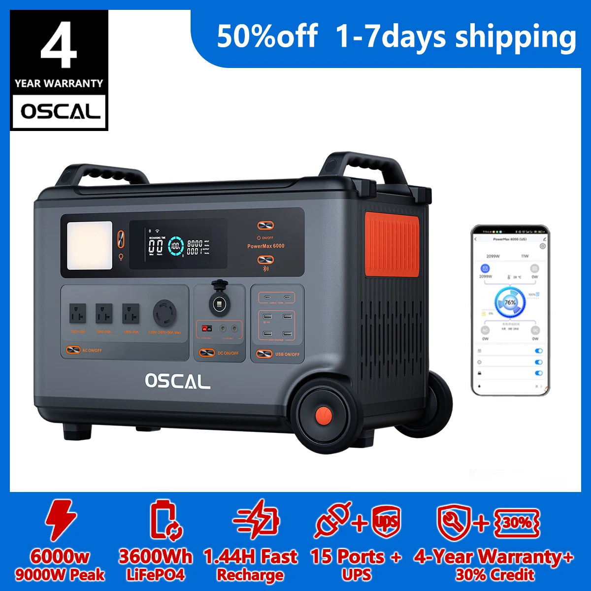 OSCAL PowerMax 6000 Whole Home Solar Generator, 3600Wh LiFePO4 | 6000W (9000W Surge) | 1.96 H Charge | DC/AC Bi-Directional Inverter | for Home Emergency, Outdoor Camping,Hurricane Backup