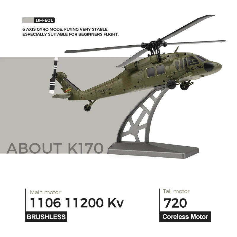 Wltoys K170 RC Helicopter UH-60L 4 Channel Remote Control Brushless Helicopters with Gyro and LED Light Durable Airplane Toy