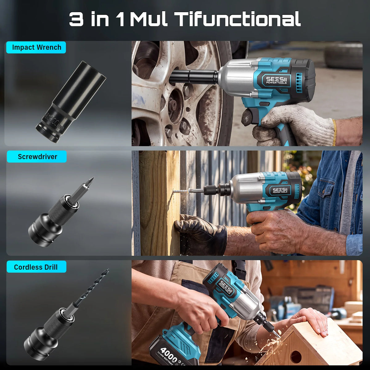 Seesii WH650 Pro 3-in-1 Impact Wrench & Screwdriver & Cordless Drill 1/2" High Torque 590 Ft-Lbs (800 N.M) Brushless Impact Gun 4.0 Battery 4 Sockets 4 Drill Bits High Torque Power Impact Driver for Car Home