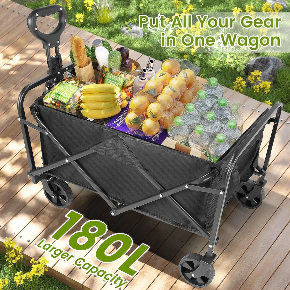 Heavy Duty Wagon Carts Foldable, Portable Wagons for Groceries, Beach Cart with All-Terrain Wheels Drink Holders, Utility Wagon