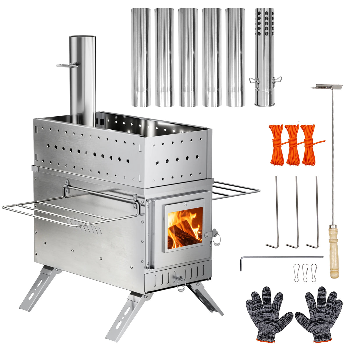 Unho 40cm Hot Tent Stove, Portable Stainless Steel Wood Burning Stove with 6 Chimney Pipes & Glass Window for Ice Fishing