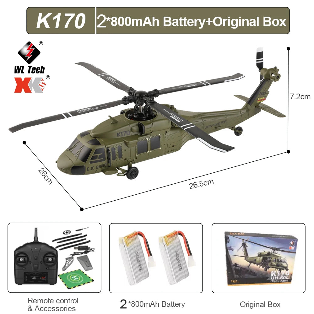 Wltoys K170 RC Helicopter UH-60L 4 Channel Remote Control Brushless Helicopters with Gyro and LED Light Durable Airplane Toy