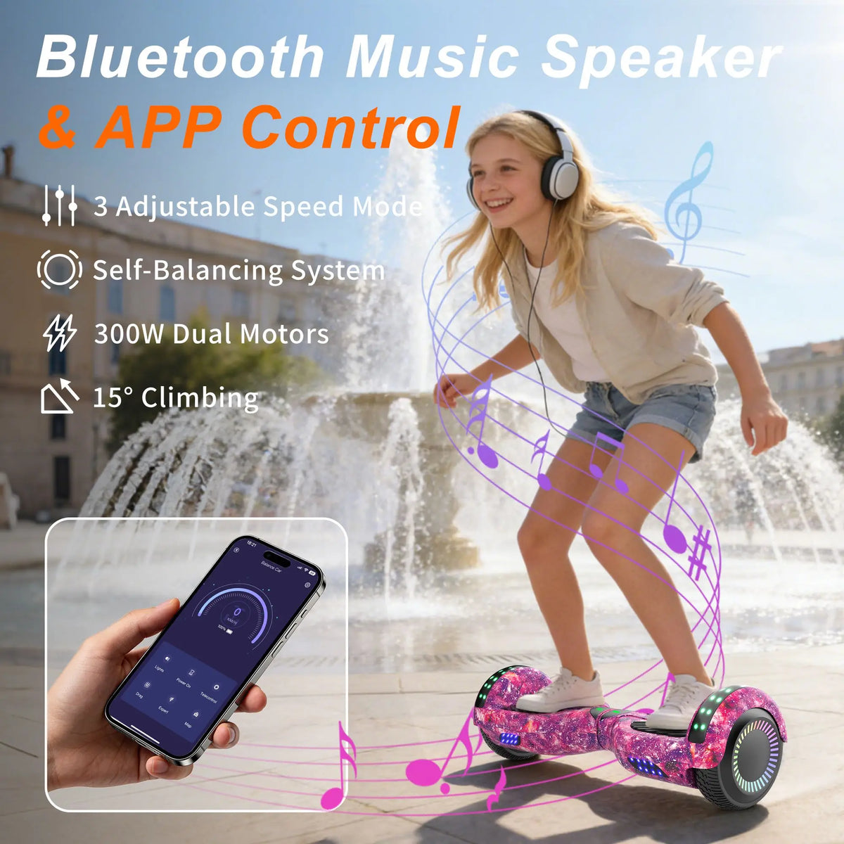 SIMATE Hoverboard for Kids Adults, All Terrain Electric Self Balancing Scooter with Bluetooth, LED Lights and APP Control, Perfect Gift for Girls Boys
