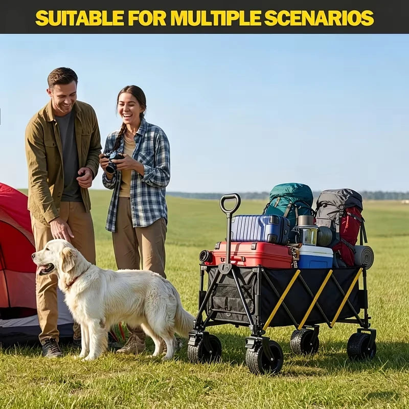 Heavy Duty Large Capacity Folding Wagon Cart，Outdoor Utility Camping Trolley，Portable Picnic Beach Cart，All-Terrain 360°Wheels Utility Cart for Camping, Shopping, Garden And Outdoor Use