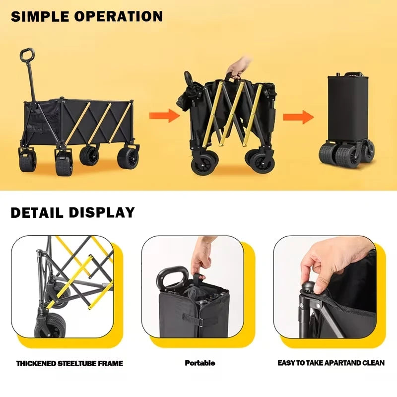 Heavy Duty Large Capacity Folding Wagon Cart，Outdoor Utility Camping Trolley，Portable Picnic Beach Cart，All-Terrain 360°Wheels Utility Cart for Camping, Shopping, Garden And Outdoor Use