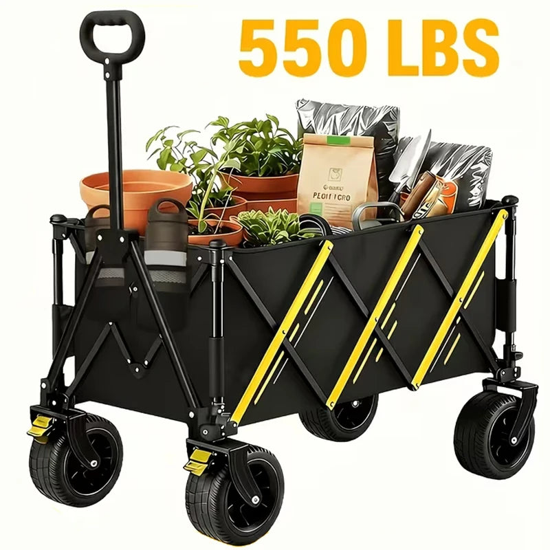 Heavy Duty Large Capacity Folding Wagon Cart，Outdoor Utility Camping Trolley，Portable Picnic Beach Cart，All-Terrain 360°Wheels Utility Cart for Camping, Shopping, Garden And Outdoor Use