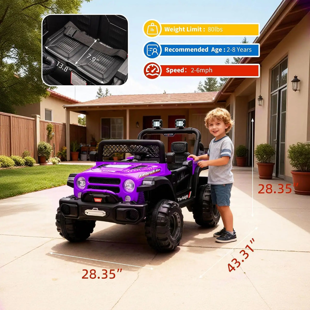 12V Purple Kids Ride‑On Jeep SUV Truck, Electric Toy Car with 7AH Battery, 2×550# Motors, Pre‑Paired Remote Control, Plastic Seat Wheels, US Full‑Environment‑Friendly for Children Gift