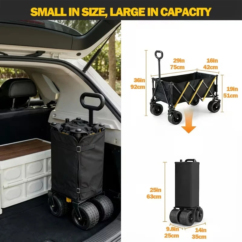 Heavy Duty Large Capacity Folding Wagon Cart，Outdoor Utility Camping Trolley，Portable Picnic Beach Cart，All-Terrain 360°Wheels Utility Cart for Camping, Shopping, Garden And Outdoor Use