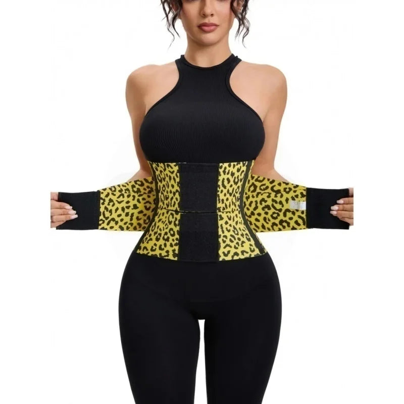Women's Leopard Print Triple-Wrap Waist Trainer | High-Stretch Nylon Tummy Control Band | Adjustable Hook-and-Loop Compression Shapewear Belt | Dual-Use for Fitness and Everyday Outfits