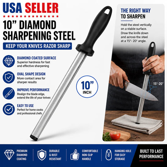 10 Inch Diamond Knife Sharpening Rod Oval Honing Steel Professional Kitchen Knife Sharpener Stick For Chef Knives Scissors Tools
