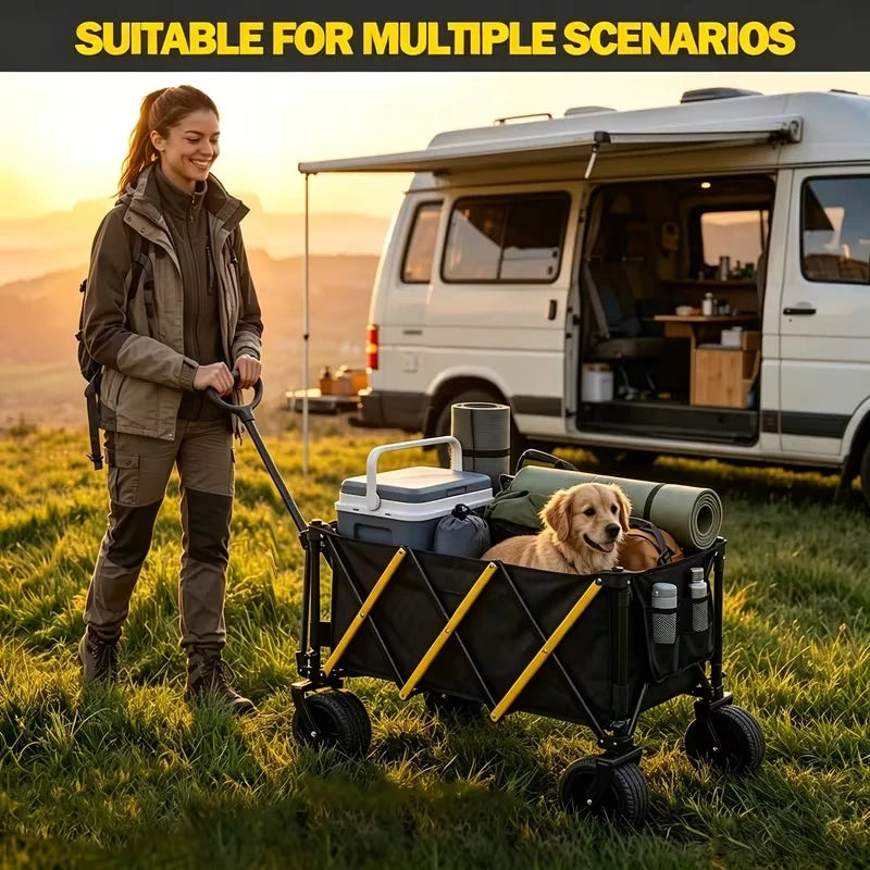 Heavy Duty Large Capacity Folding Wagon Cart，Outdoor Utility Camping Trolley，Portable Picnic Beach Cart，All-Terrain 360°Wheels Utility Cart for Camping, Shopping, Garden And Outdoor Use