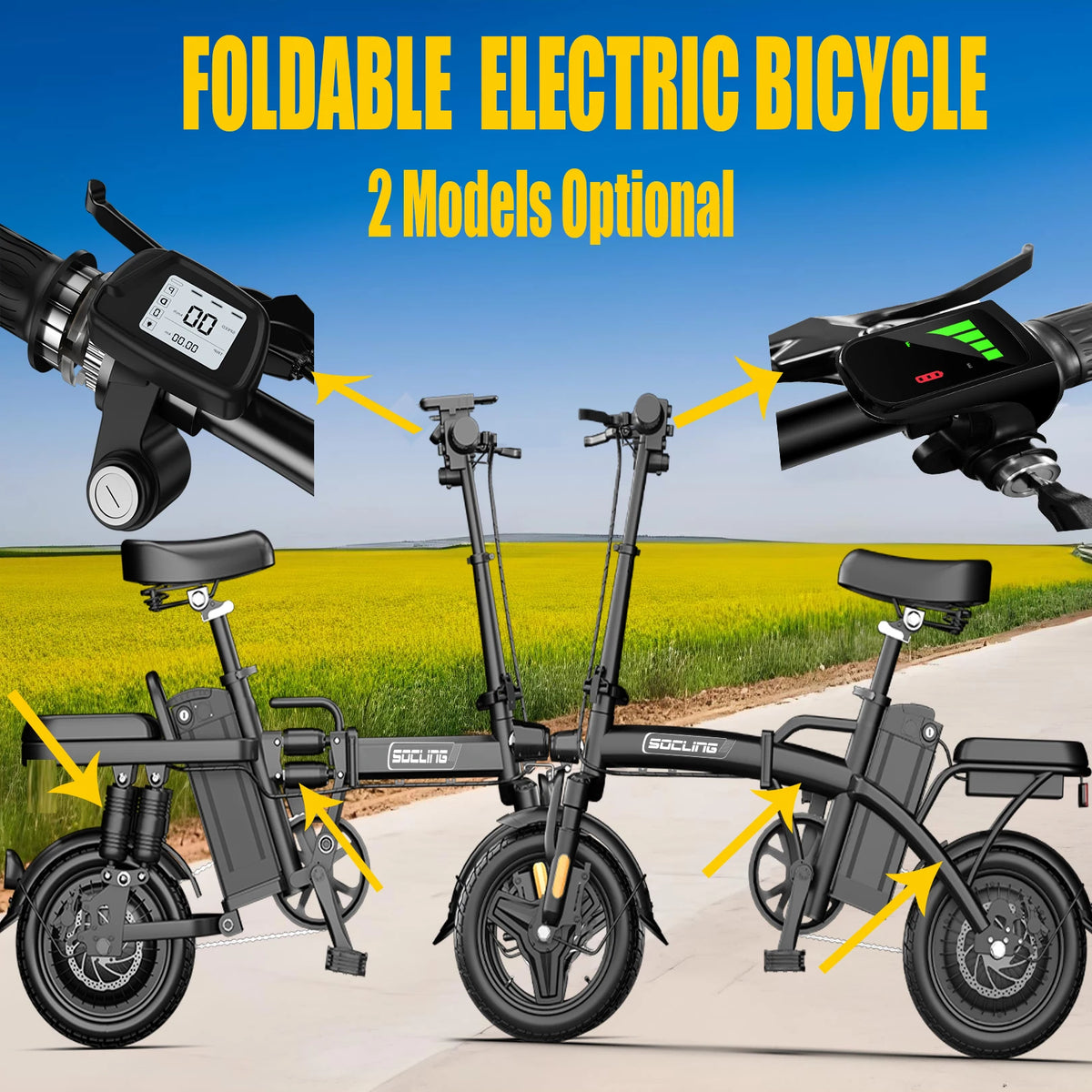 Black E-Bike, Foldable Ebike, 500W Motor, Detachable Battery,Max Load 330LBS, 19.9MPH Top Speed, 14*2 All-Terrain Tires，Bright Headlight 3-Riding Modes 6-Hour Charging Time, City Commuter Bike, Front Shock Absorptions/Full