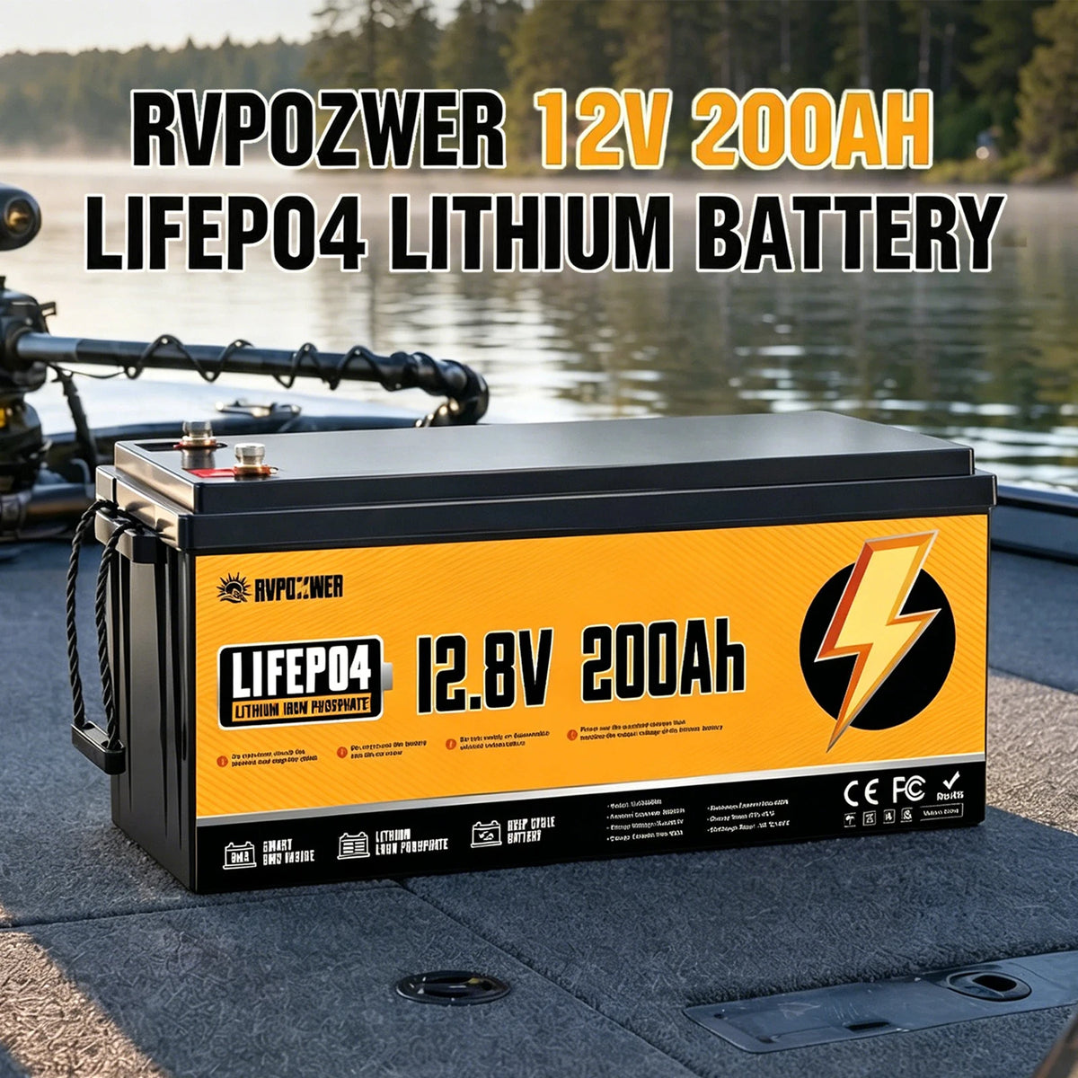 RVPOZWER LiFePO4 Lithium Battery 12V 200Ah Built-in 200A BMS Portable, Deep Cycle, Long Lifespan 2560WH For RV, Marine, Travel Trailer, Camper, Off-grid Solar Application