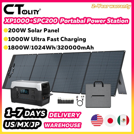 CTOLITY 1800W 220V Solar Energy System Complete Kit 200W ETFE Solar Panel UPS Power Station 1024WH Solar Generator for Camping