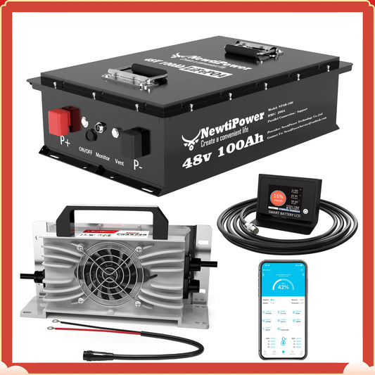 PAOWERIC Complete 48V 100Ah Lithium Golf Cart Battery System w/ 200A BMS + 58.4V Charger, Drop-In Ready for Club Car, EZGO, Yamaha, Marine & Solar Backup