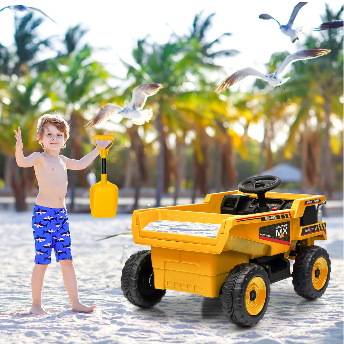 12V Kids Ride-On Dump Truck, Electric Construction Vehicle, Remote Control, Dump Bed & Shovel, Led Lights, Wireless Music, 4-Wheeler Toy, 66Lbs Capacity, 30W Dual Motors, for Ages 3-8, Yellow/Pink