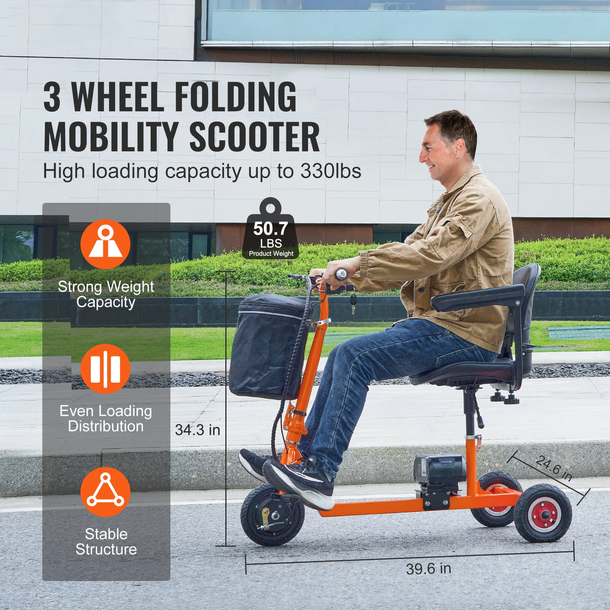 SucceBuy Foldable 3 Wheel Mobility Scooter for Seniors Portable Electric Powered Mobility Scooter All Terrain Travel Wheelchair