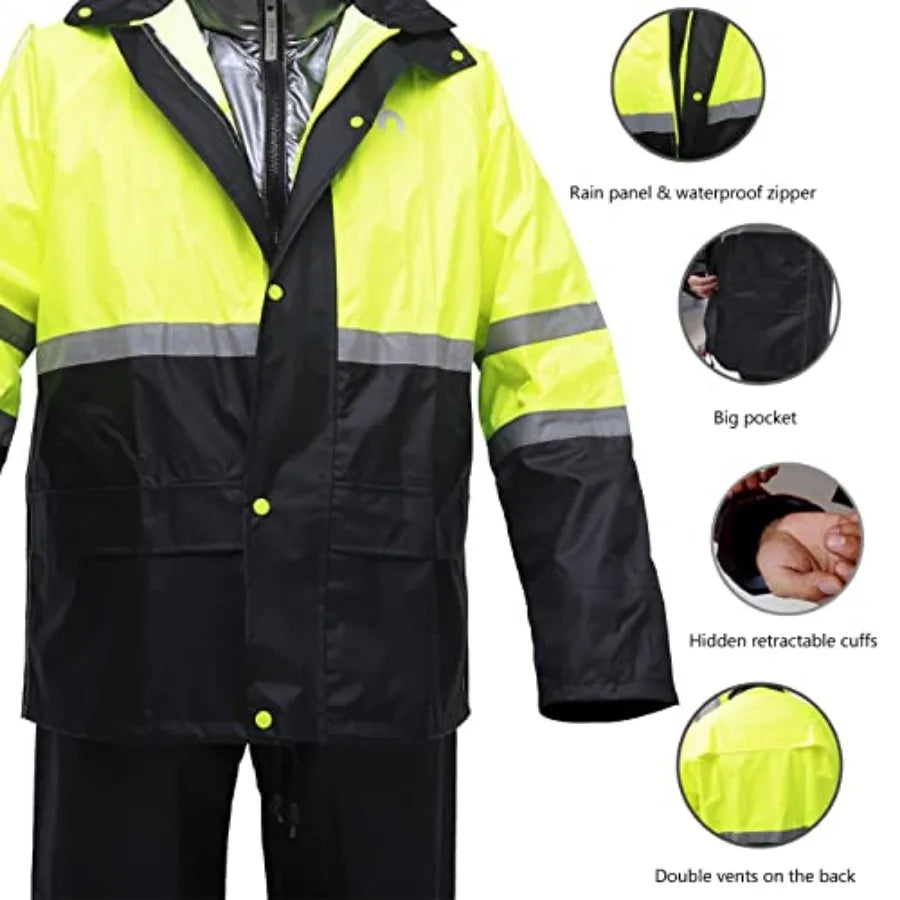 Rain Suit, High Visibility Reflective Safety Jacket, Lightweight Rain Gear, Waterproof Rain Jacket with Pants